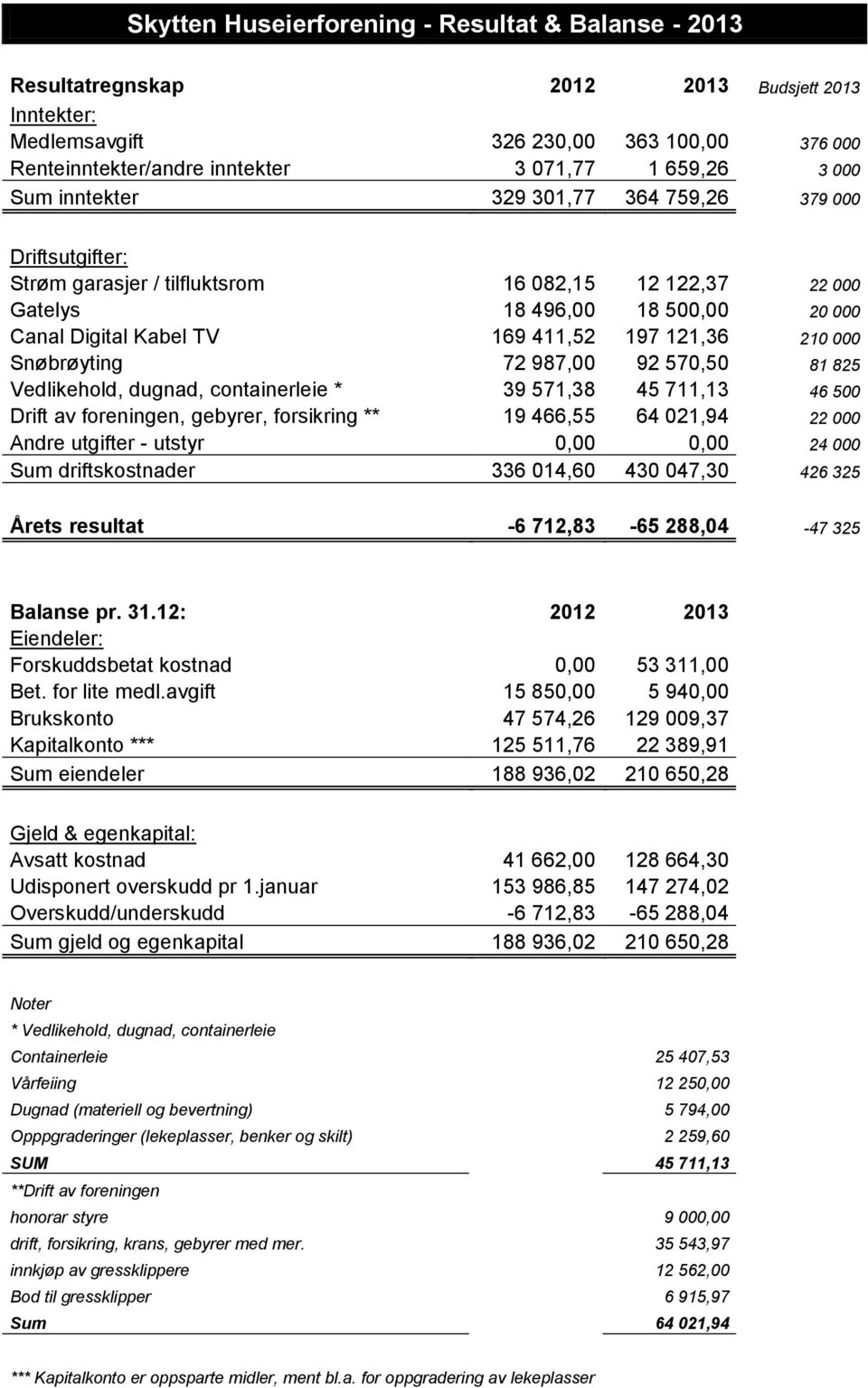 121,36 210 000 Snøbrøyting 72 987,00 92 570,50 81 825 Vedlikehold, dugnad, containerleie * 39 571,38 45 711,13 46 500 Drift av foreningen, gebyrer, forsikring ** 19 466,55 64 021,94 22 000 Andre