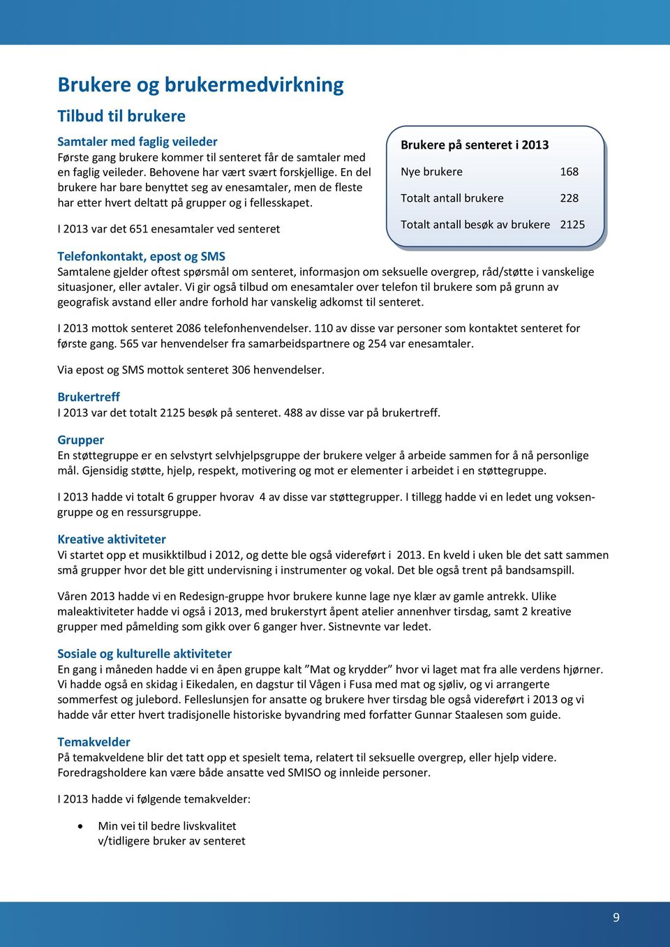 I 2013 var det 651 enesamtaler ved senteret Brukere på senteret i 2013 Nye brukere 168 Totalt antall brukere 228 Totalt antall besøk av brukere 2125 Telefonkontakt, epost og SMS Samtalene gjelder