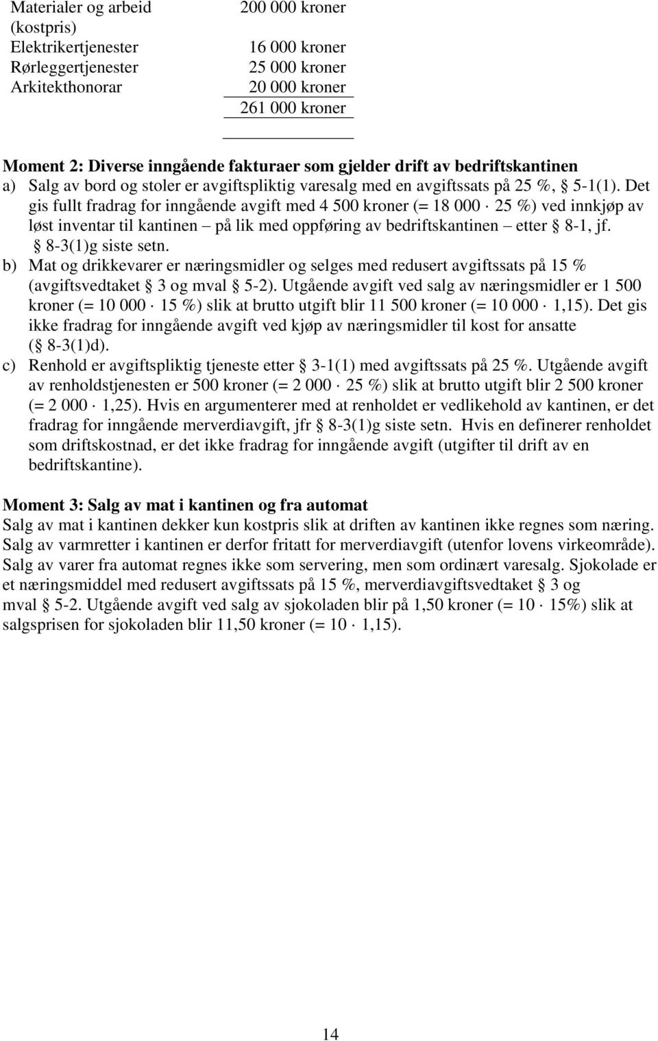 Det gis fullt fradrag for inngående avgift med 4 500 kroner (= 18 000 25 %) ved innkjøp av løst inventar til kantinen på lik med oppføring av bedriftskantinen etter 8-1, jf. 8-3(1)g siste setn.