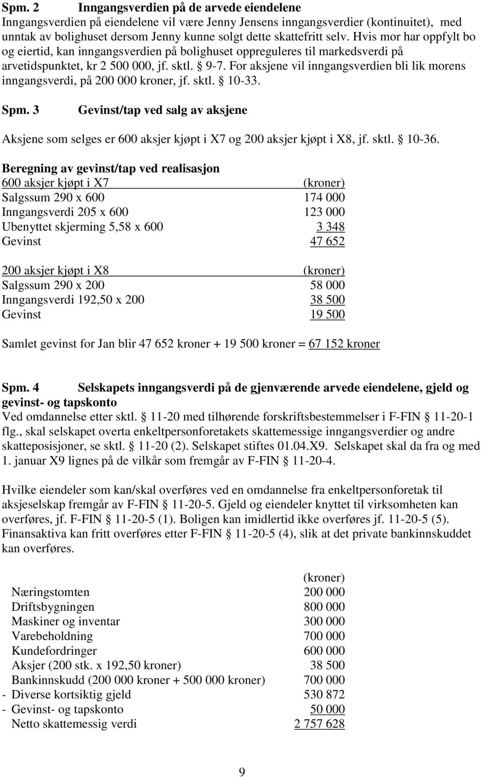 For aksjene vil inngangsverdien bli lik morens inngangsverdi, på 200 000 kroner, jf. sktl. 10-33. Spm.