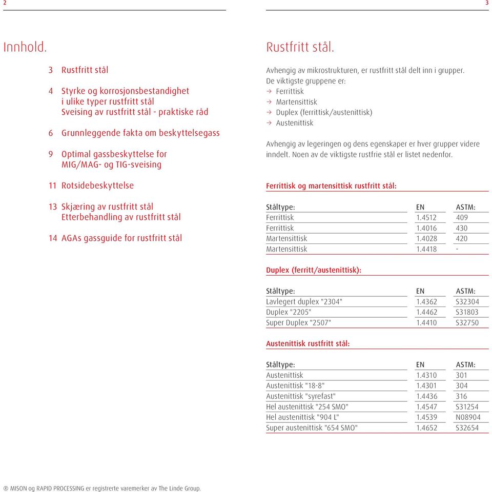 MIG/MAG- og TIG-sveising 11 Rotsidebeskyttelse 13 Skjæring av rustfritt stål Etterbehandling av rustfritt stål 14 AGAs gassguide for rustfritt stål Avhengig av mikrostrukturen, er rustfritt stål delt