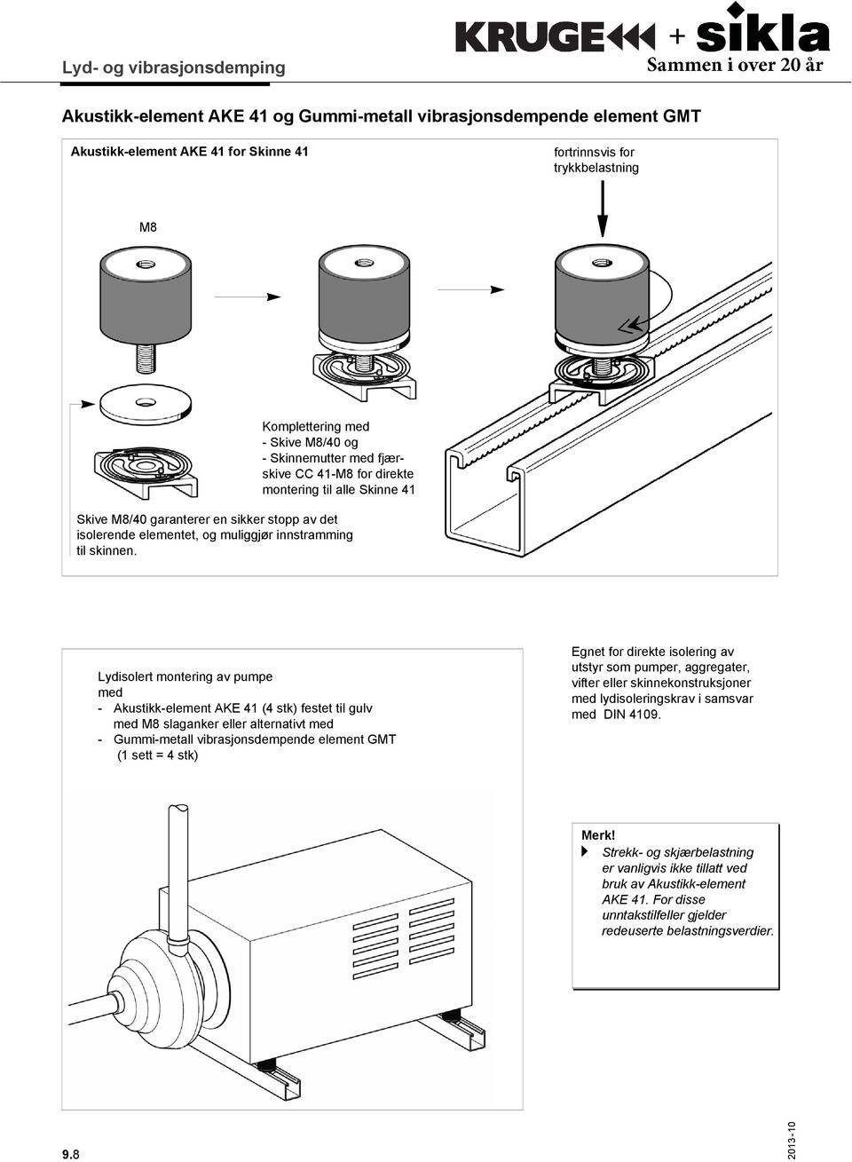 Lydisolert montering av pumpe med - Akustikk-element AKE 41 (4 stk) festet til gulv med M8 slaganker eller alternativt med - Gummi-metall vibrasjonsdempende element GMT (1 sett = 4 stk) Egnet for