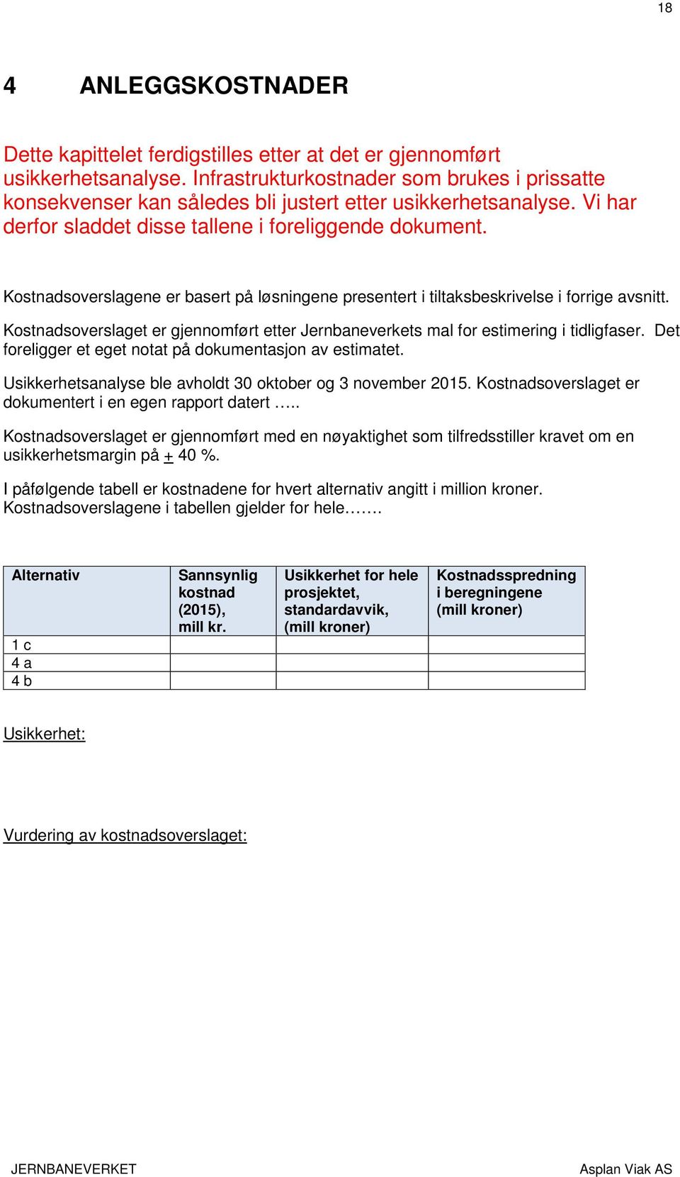 Kostnadsoverslagene er basert på løsningene presentert i tiltaksbeskrivelse i forrige avsnitt. Kostnadsoverslaget er gjennomført etter Jernbaneverkets mal for estimering i tidligfaser.