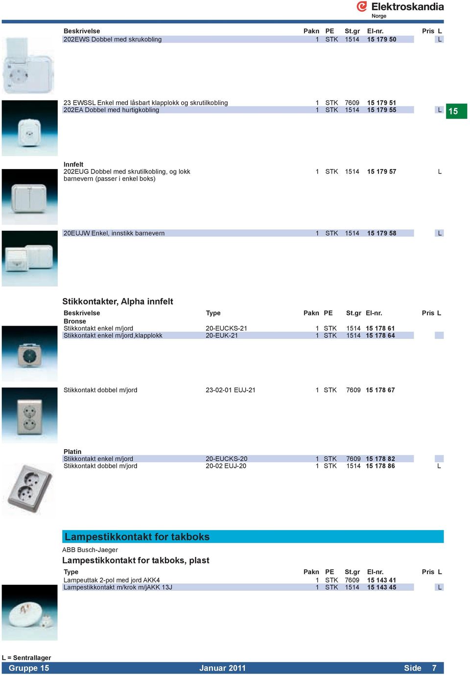 Bronse Stikkontakt enkel m/jord 20-EUCKS-21 1 STK 1514 15 178 61 Stikkontakt enkel m/jord,klapplokk 20-EUK-21 1 STK 1514 15 178 64 Stikkontakt dobbel m/jord 23-02-01 EUJ-21 1 STK 7609 15 178 67
