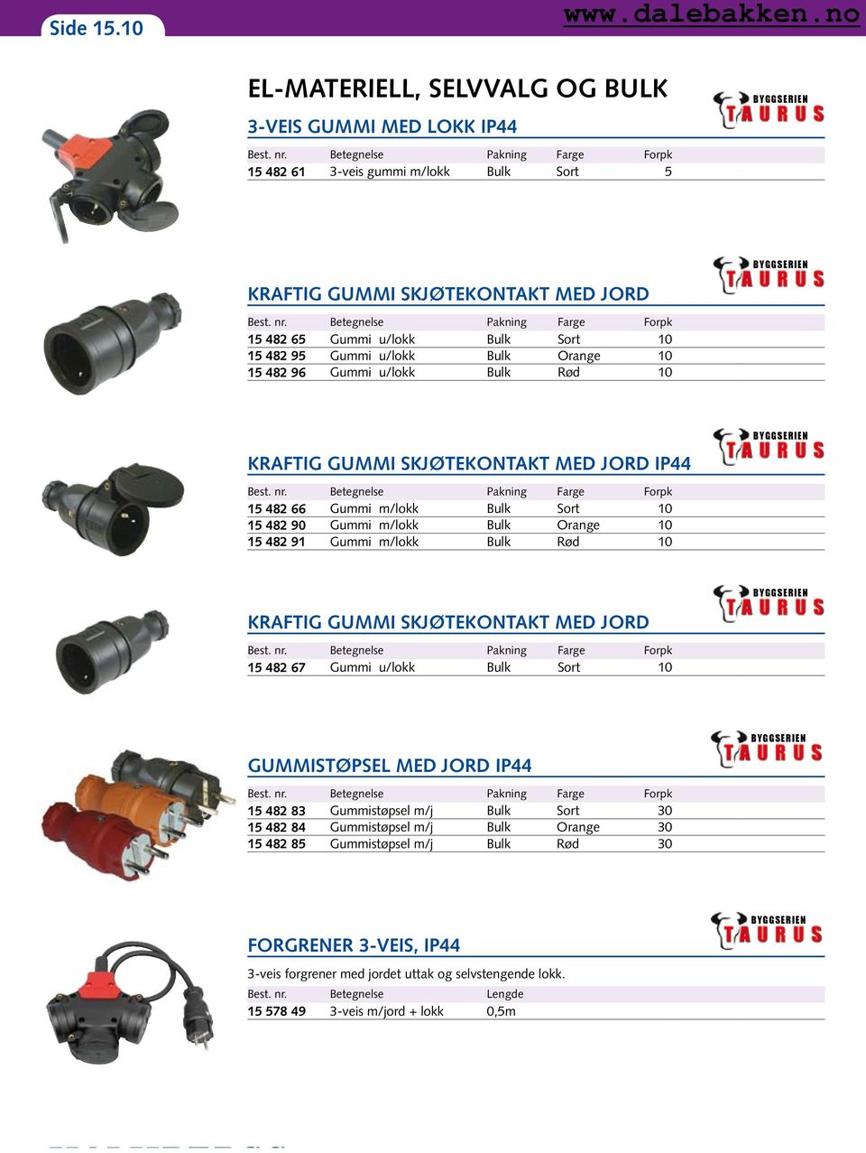 Betegnelse Pakning Farge Forpk 15 482 65 Gummi u/lokk Bulk Sort 10 15 482 95 Gummi u/lokk Bulk Orange 10 15 482 96 Gummi u/lokk Bulk Rød 10 KRAFTIG GUMMI SKJØTEKONTAKT MED JORD IP44 Best. nr.