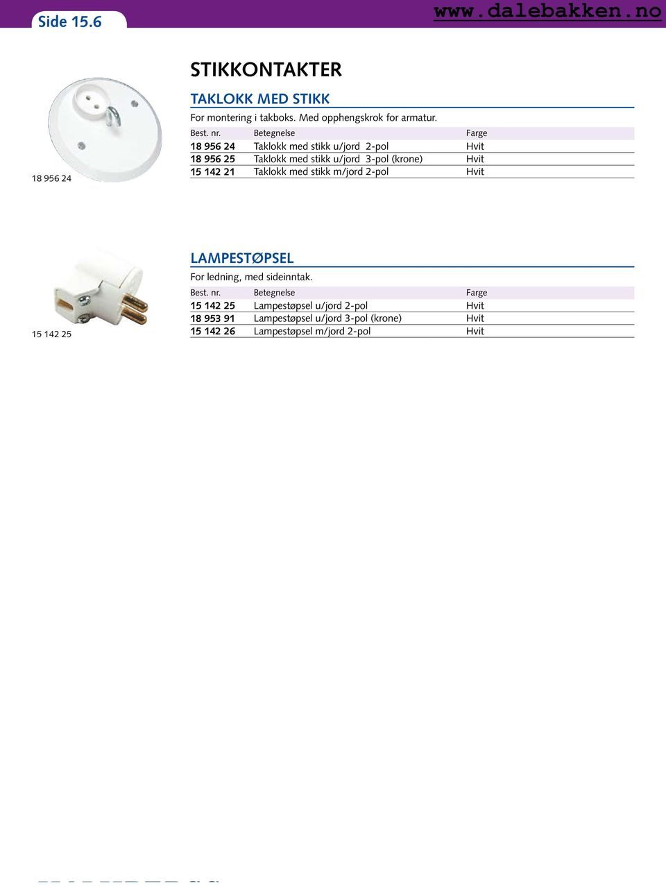 142 21 Taklokk med stikk m/jord 2-pol Hvit 15 142 25 LAMPESTØPSEL For ledning, med sideinntak. Best. nr.