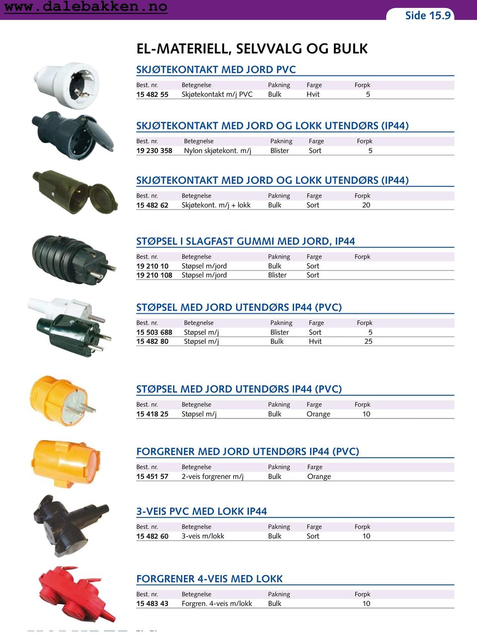 m/j Blister Sort 5 SKJØTEKONTAKT MED JORD OG LOKK UTENDØRS (IP44) Best. nr. Betegnelse Pakning Farge Forpk 15 482 62 Skjøtekont. m/j + lokk Bulk Sort 20 STØPSEL I SLAGFAST GUMMI MED JORD, IP44 Best.