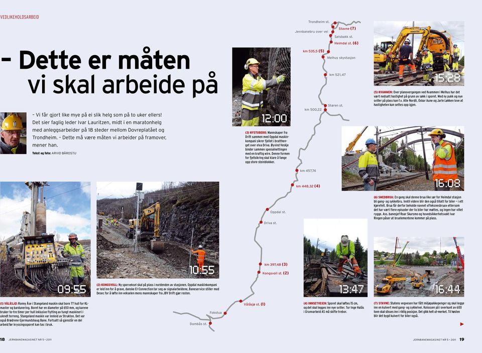 15:28 (5) KVAMMEN: Over planovergangen ved Kvammen i Melhus har det vært nedsatt hastighet på grunn av søkk i sporet. Med ny pukk og nye sviller på plass kan f.v. Atle Nordli, Oskar Aune og Jarle Løkken love at hastigheten kan settes opp igjen.