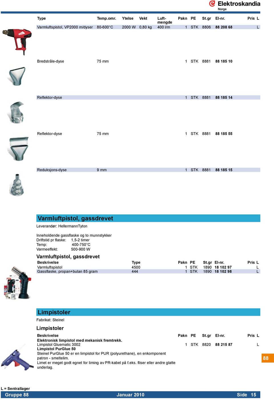 mm 1 STK 8881 88 185 55 Reduksjons-dyse 9 mm 1 STK 8881 88 185 15 Varmluftpistol, gassdrevet Leverandør: HellermannTyton.. Inneholdende gassflaske og to munnstykker. Driftstid pr flaske: 1,5-2 timer.