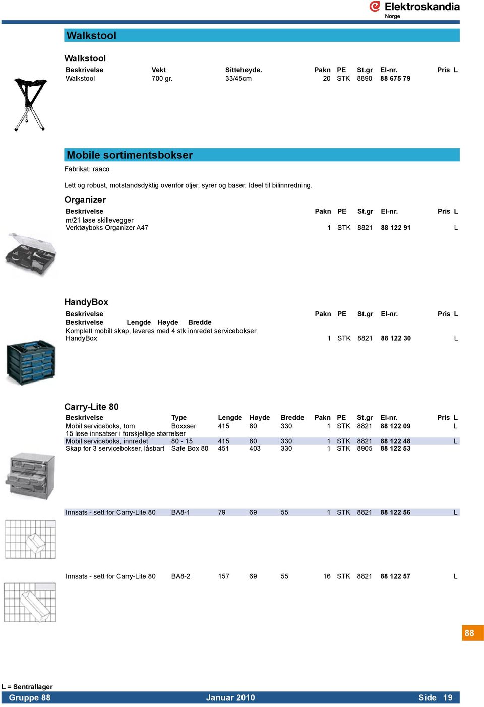 Organizer m/21 løse skillevegger Verktøyboks Organizer A47 1 STK 8821 88 122 91 L HandyBox Beskrivelse Lengde Høyde Bredde Komplett mobilt skap, leveres med 4 stk innredet servicebokser HandyBox 1