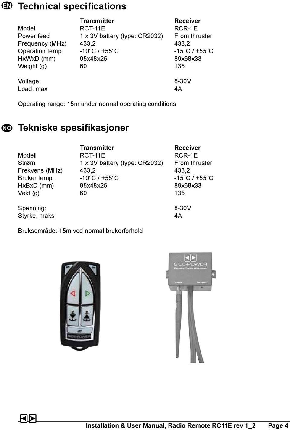 spesifikasjoner Transmitter Receiver Modell RCT-11E RCR-1E Strøm 1 x 3V battery (type: CR2032) From thruster Frekvens (MHz) 433,2 433,2 Bruker temp.