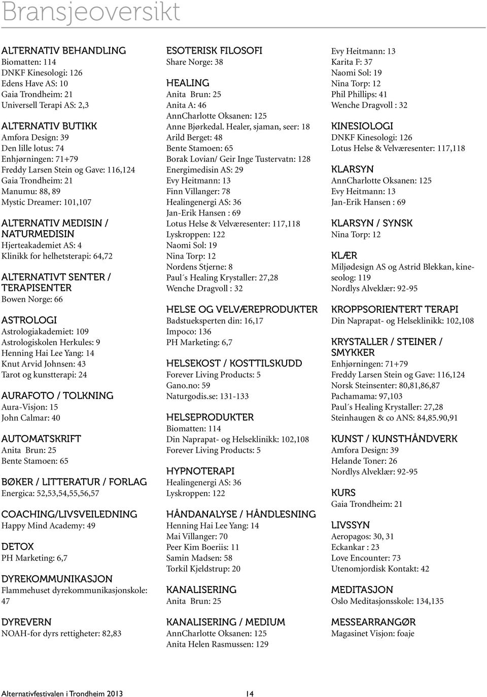 64,72 ALTERNATIVT SENTER / TERAPISENTER Bowen Norge: 66 ASTROLOGI Astrologiakademiet: 109 Astrologiskolen Herkules: 9 Henning Hai Lee Yang: 14 Knut Arvid Johnsen: 43 Tarot og kunstterapi: 24 AURAFOTO