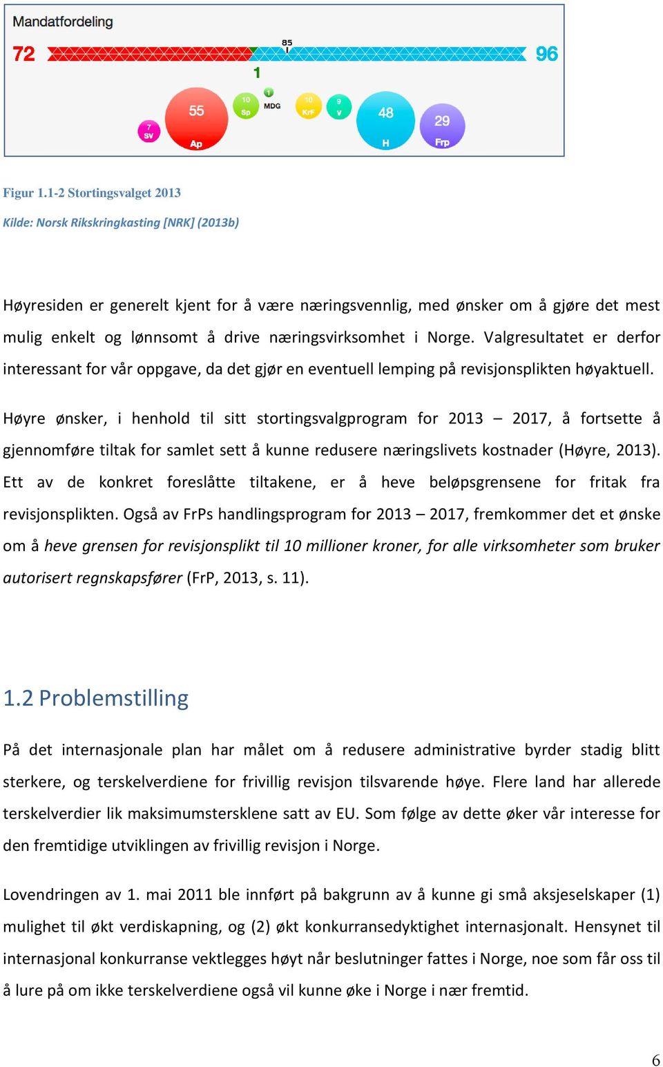 næringsvirksomhet i Norge. Valgresultatet er derfor interessant for vår oppgave, da det gjør en eventuell lemping på revisjonsplikten høyaktuell.