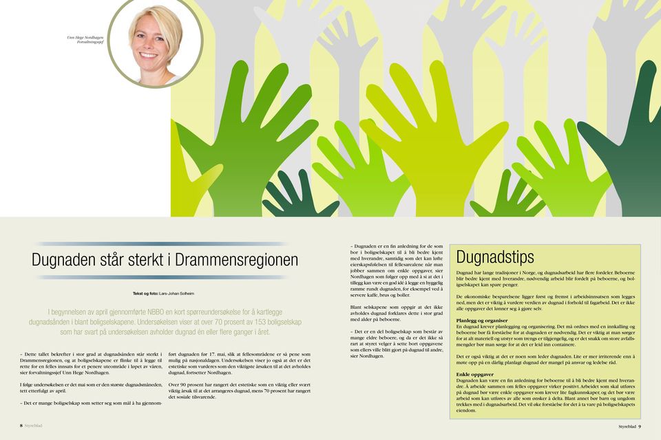 Dette tallet bekrefter i stor grad at dugnadsånden står sterkt i Drammensregionen, og at boligselskapene er flinke til å legge til rette for en felles innsats for et penere uteområde i løpet av