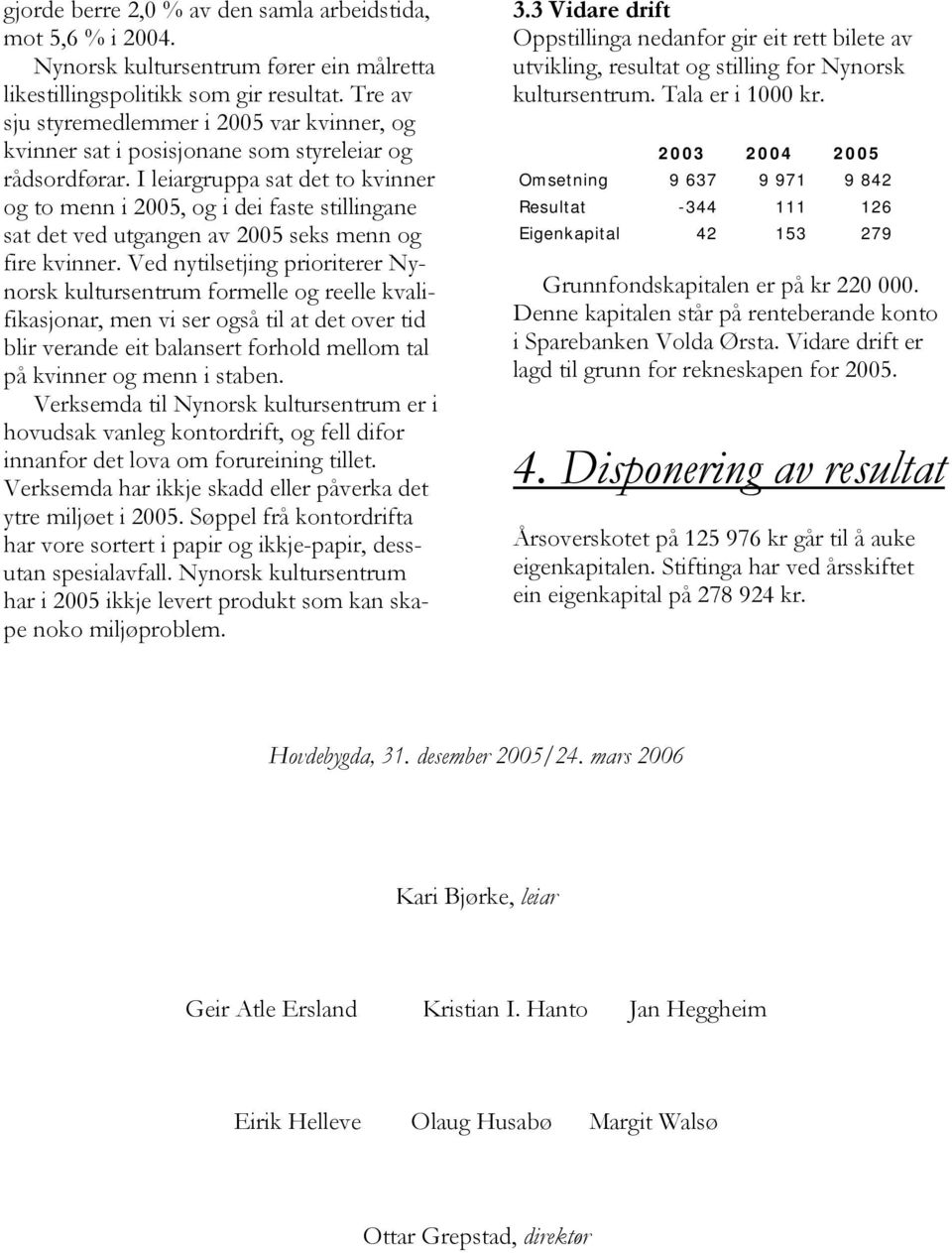 I leiargruppa sat det to kvinner og to menn i 2005, og i dei faste stillingane sat det ved utgangen av 2005 seks menn og fire kvinner.