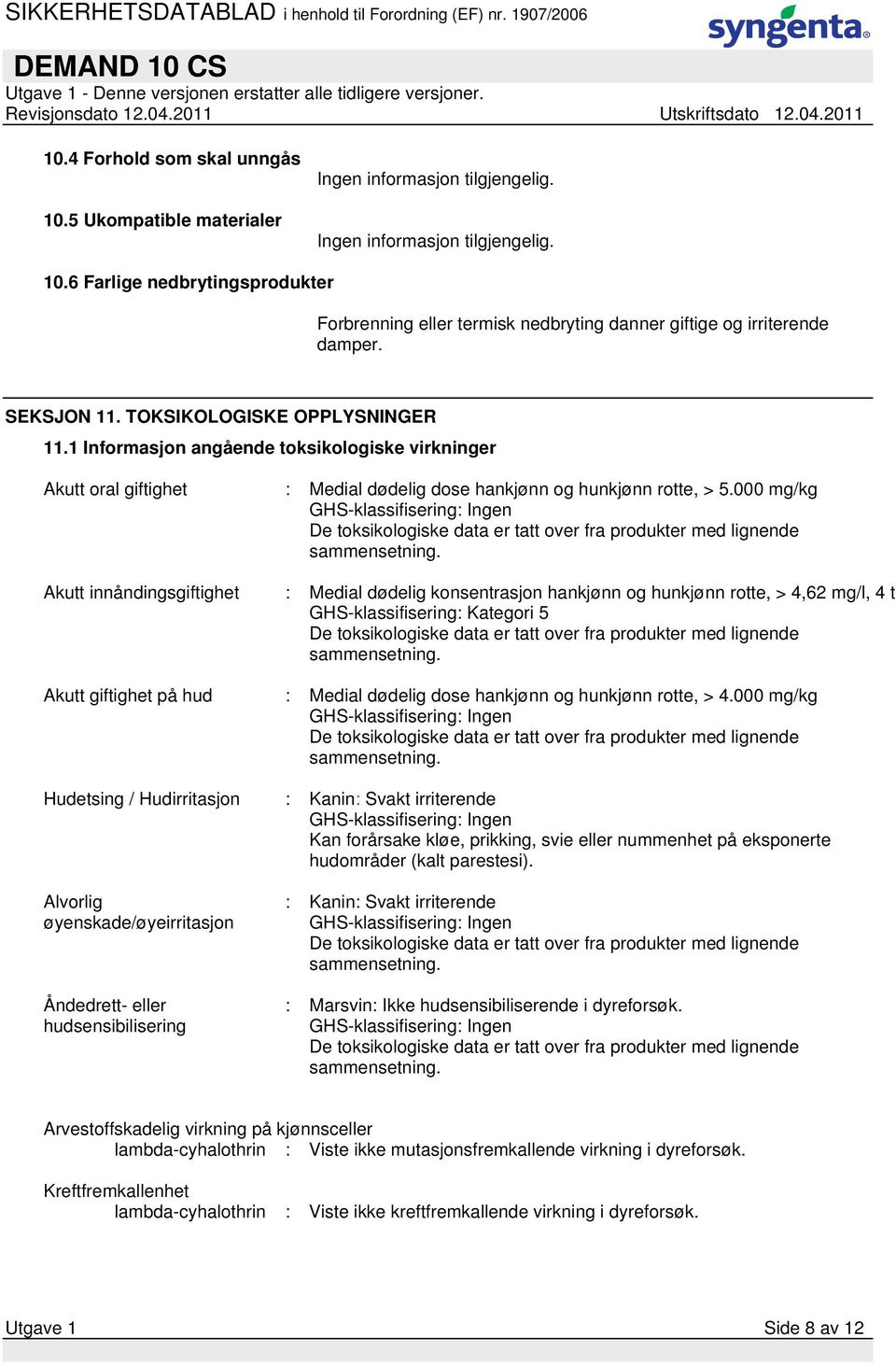 000 mg/kg GHS-klassifisering: Ingen De toksikologiske data er tatt over fra produkter med lignende sammensetning.