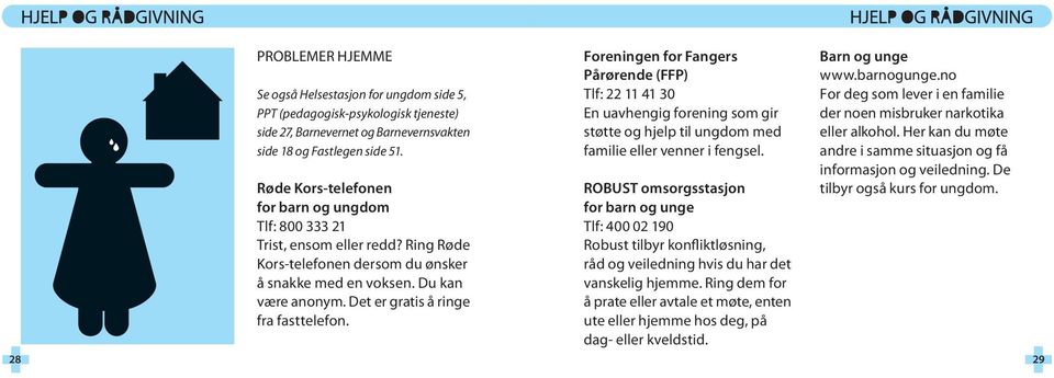 Det er gratis å ringe fra fasttelefon. Foreningen for Fangers Pårørende (FFP) Tlf: 22 11 41 30 En uavhengig forening som gir støtte og hjelp til ungdom med familie eller venner i fengsel.