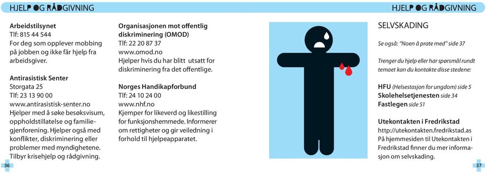 Organisasjonen mot offentlig diskriminering (OMOD) Tlf: 22 20 87 37 www.omod.no Hjelper hvis du har blitt utsatt for diskriminering fra det offentlige. Norges Handikapforbund Tlf: 24 10 24 00 www.nhf.