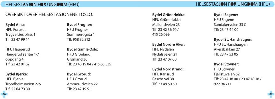 Ammerudveien 22 Tlf: 23 42 19 51 Bydel Grünerløkka: HFU Grünerløkka Mailundveien 23 Tlf: 23 42 36 70 / 415 26 099 Bydel Nordre Aker: HFU Nydalen Nydalsveien 21 Tlf: 23 47 07 00 Bydel Nordstrand: HFU