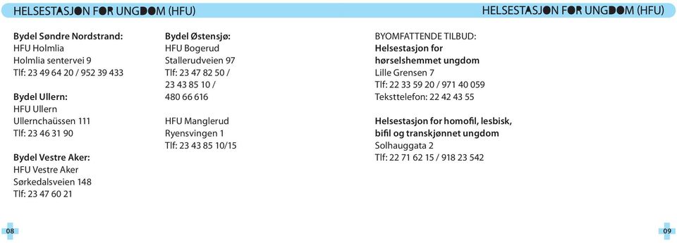 480 66 616 HFU Manglerud Ryensvingen 1 Tlf: 23 43 85 10/15 Byomfattende tilbud: Helsestasjon for hørselshemmet ungdom Lille Grensen 7 Tlf: 22 33 59 20