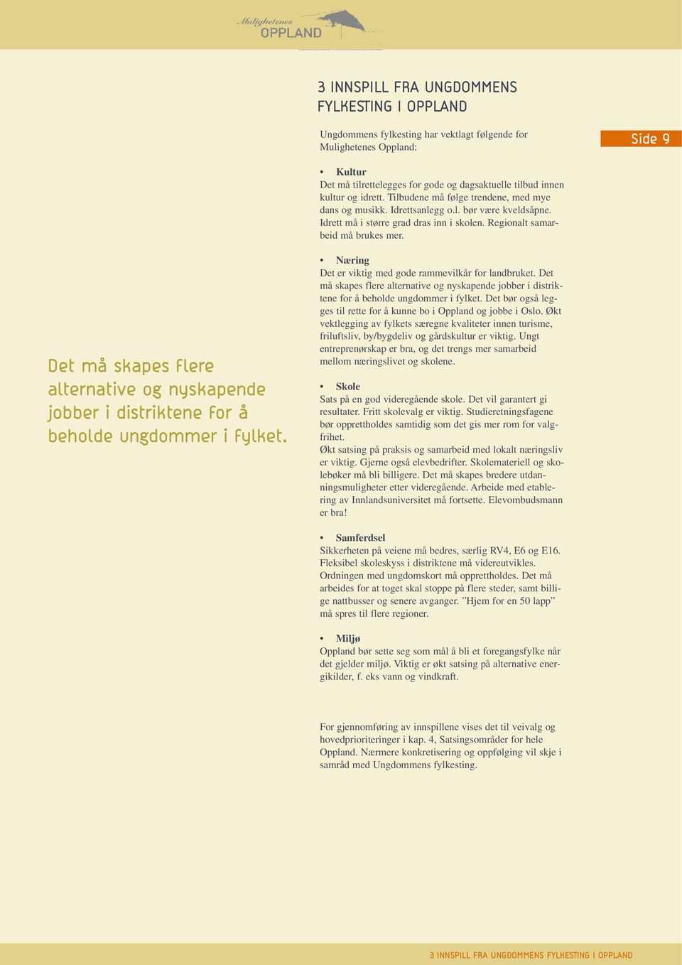 Det må skapes flere alternative og nyskapende jobber i distriktene for å beholde ungdommer i fylket. Næring Det er viktig med gode rammevilkår for landbruket.