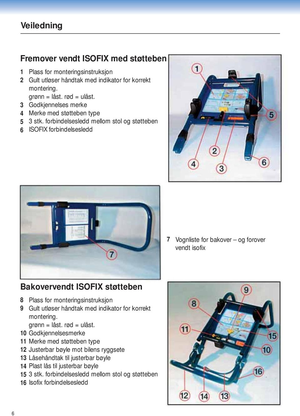 forbindelsesledd mellom stol og støtteben ISOFIX forbindelsesledd in bassa 7 Vognliste for bakover og forover vendt isofix Bakovervendt ISOFIX støtteben 8 9 10 11 12 13 14 15 16 Plass