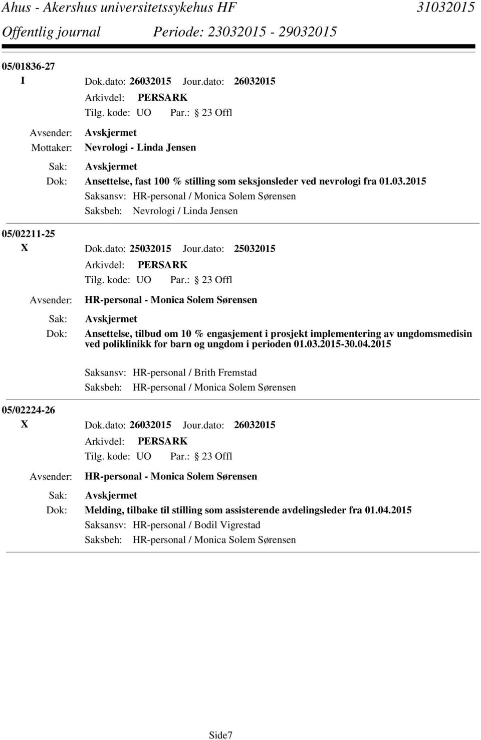 dato: 25032015 HR-personal - Monica Solem Sørensen Ansettelse, tilbud om 10 % engasjement i prosjekt implementering av ungdomsmedisin ved poliklinikk for barn og ungdom i perioden 01.03.2015-30.04.