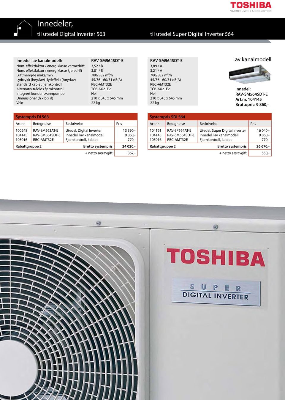 780/582 m³/h 45/36-60/51 db(a) TCB-AX21E2 210 x 845 x 645 mm 22 kg Lav kanalmodell : RAV-SM564SDT-E Art.nr.