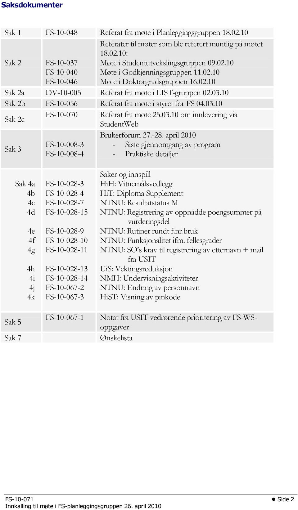 03.10 om innlevering via StudentWeb Sak 3 FS-10-008-3 FS-10-008-4 Brukerforum 27.-28.