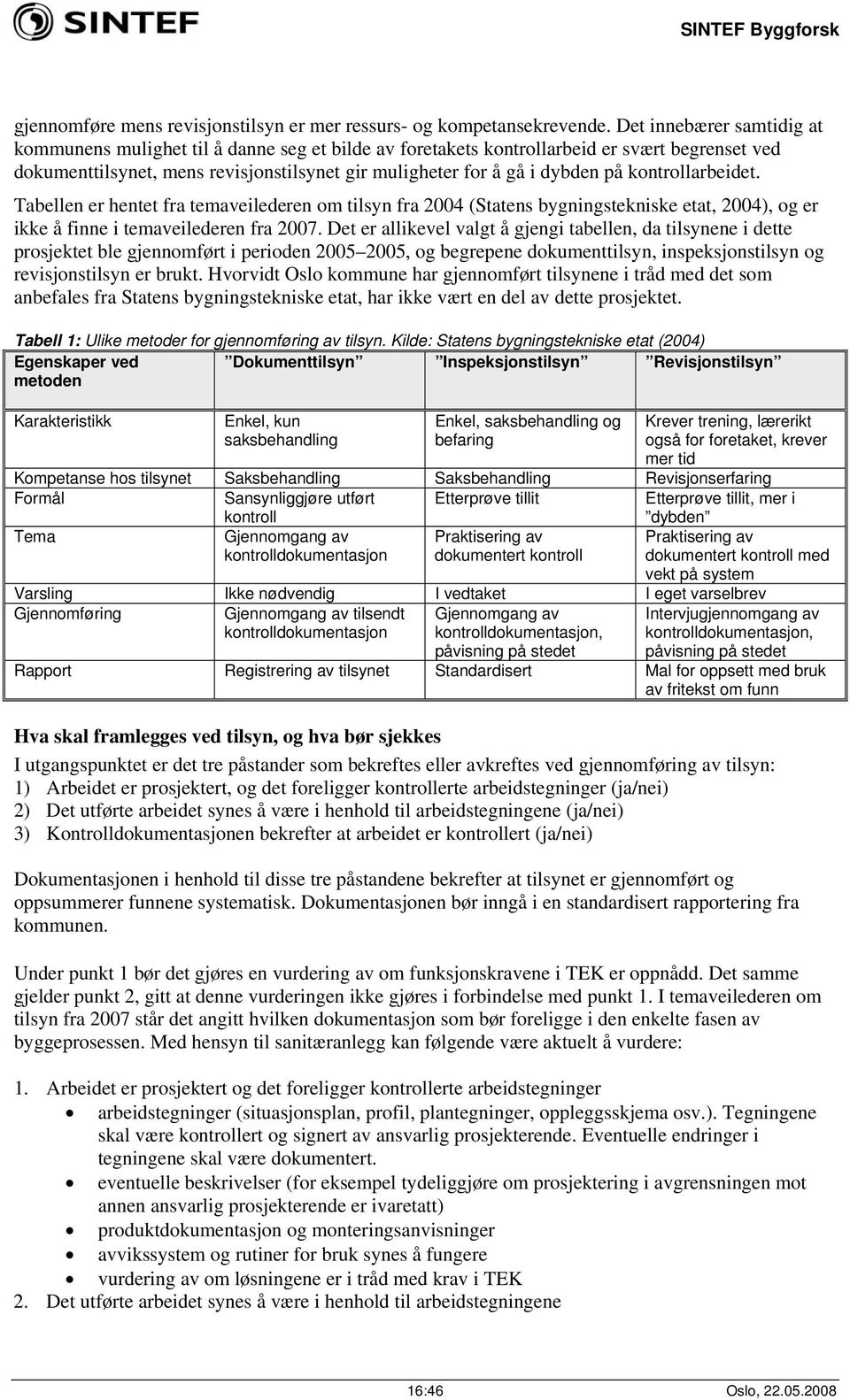 kontrollarbeidet. Tabellen er hentet fra temaveilederen om tilsyn fra 2004 (Statens bygningstekniske etat, 2004), og er ikke å finne i temaveilederen fra 2007.