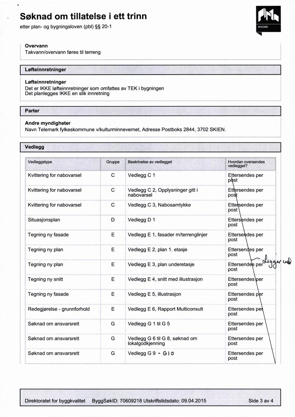 Vedlegg Vedleggstype Gruppe Beskrivelse av vedlegget Hvordan oversendes vedlegget?