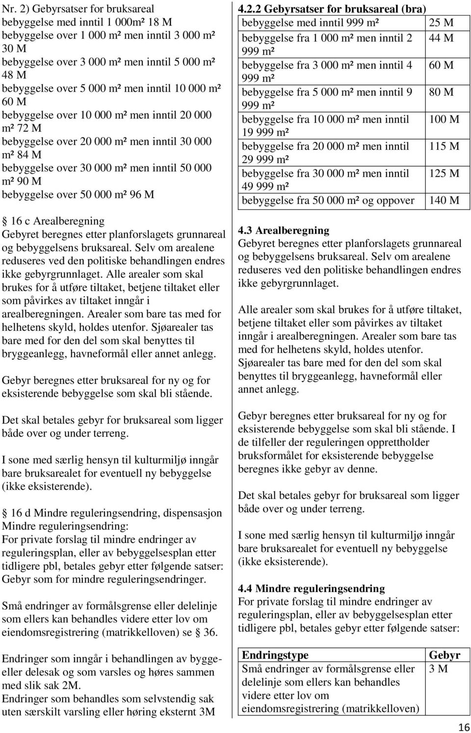 000 m² 96 M 16 c Arealberegning Gebyret beregnes etter planforslagets grunnareal og bebyggelsens bruksareal. Selv om arealene reduseres ved den politiske behandlingen endres ikke gebyrgrunnlaget.