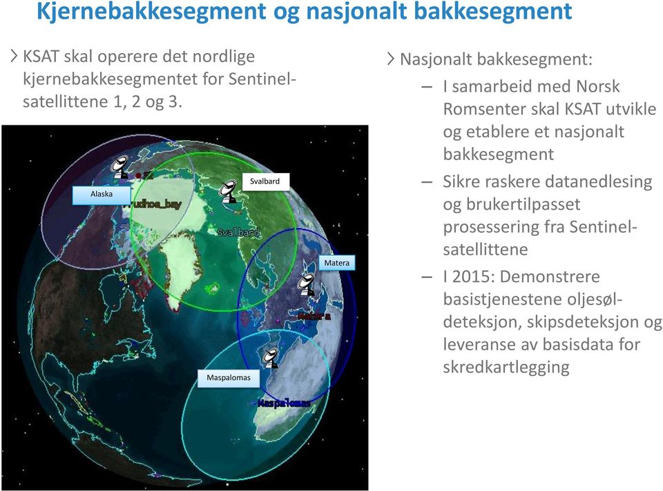 Alaska Maspalomas Svalbard Matera Nasjonalt bakkesegment: I samarbeid med Norsk Romsenter skal KSAT utvikle og etablere