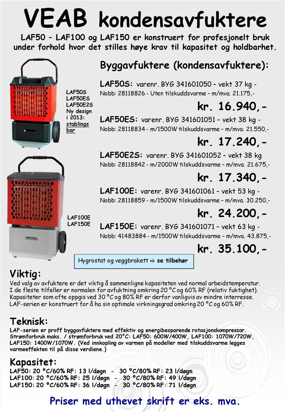 940,- LAF50ES: varenr. BYG 341601051 vekt 38 kg - Nobb: 28118834 - m/1500w tilskuddsvarme m/mva. 21.550,- kr. 17.240,- LAF100E LAF150E LAF50E2S: varenr.