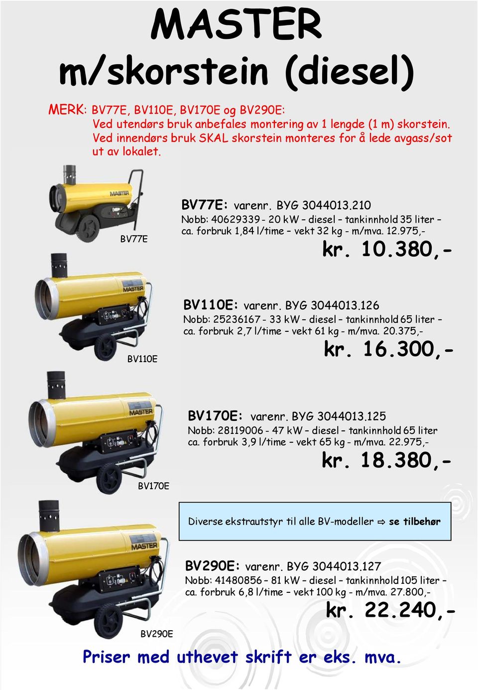 forbruk 1,84 l/time vekt 32 kg - m/mva. 12.975,- kr. 10.380,- BV110E BV110E: varenr. BYG 3044013.126 Nobb: 25236167-33 kw diesel tankinnhold 65 liter ca. forbruk 2,7 l/time vekt 61 kg - m/mva. 20.