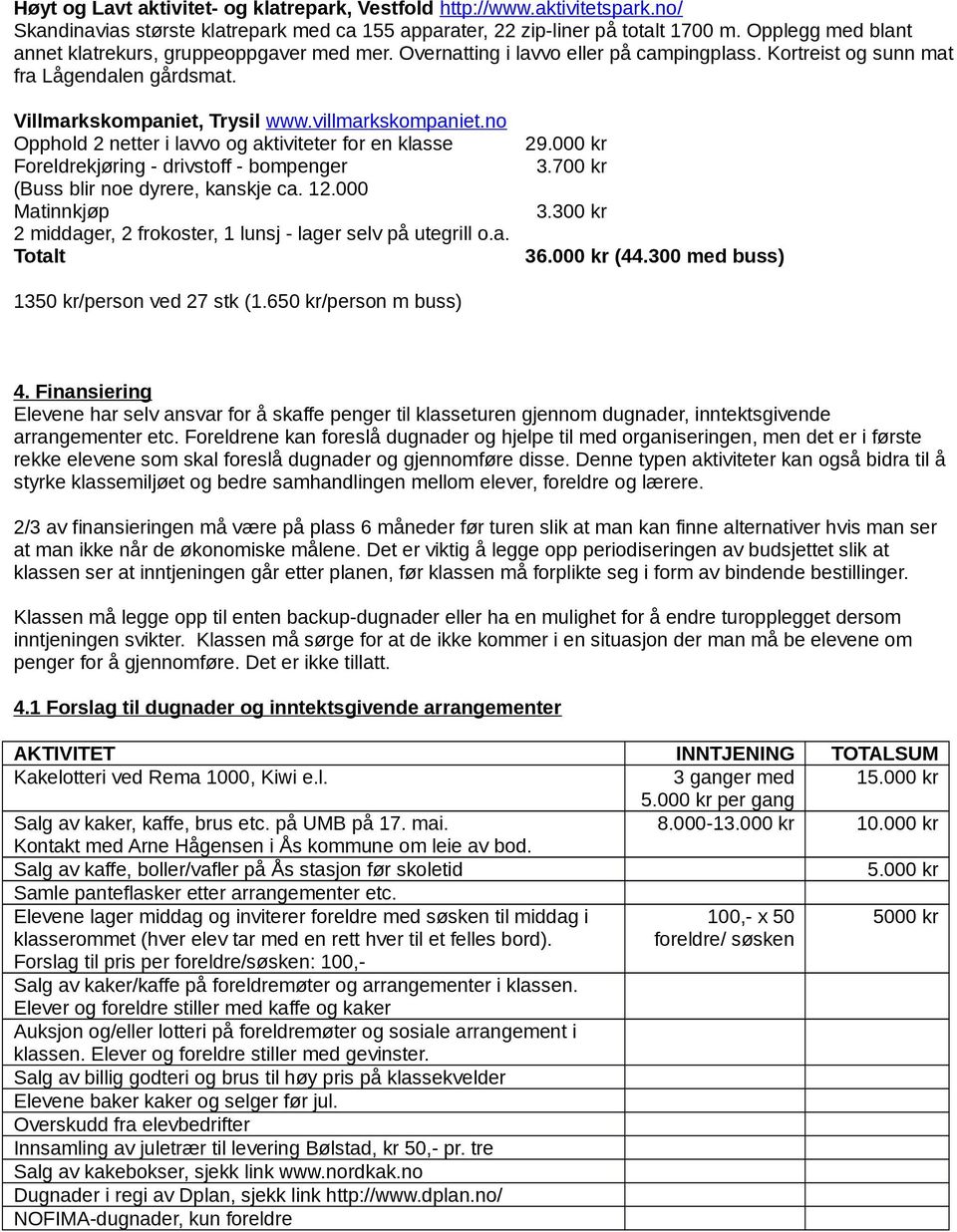 no Opphold 2 netter i lavvo og aktiviteter for en klasse 29.000 kr Foreldrekjøring - drivstoff - bompenger 3.700 kr (Buss blir noe dyrere, kanskje ca. 12.000 Matinnkjøp 3.