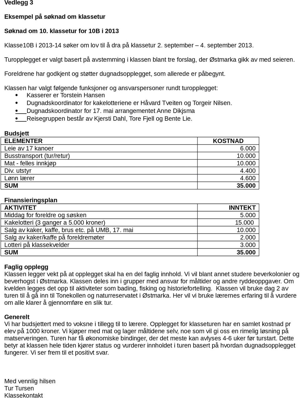 Klassen har valgt følgende funksjoner og ansvarspersoner rundt turopplegget: Kasserer er Torstein Hansen Dugnadskoordinator for kakelotteriene er Håvard Tveiten og Torgeir Nilsen.