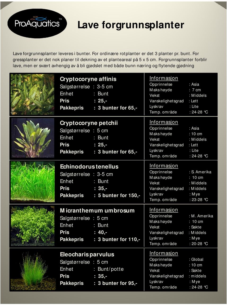 Cryptocoryne petchii Salgstørrelse : 5 cm Pakkepris : 3 bunter for 65,- 50,- Echinodorus tenellus Salgstørrelse : 3-5 cm Pris : 35,- Pakkepris : 5 bunter for 150,- 50,- Micranthemum umbrosum Maks