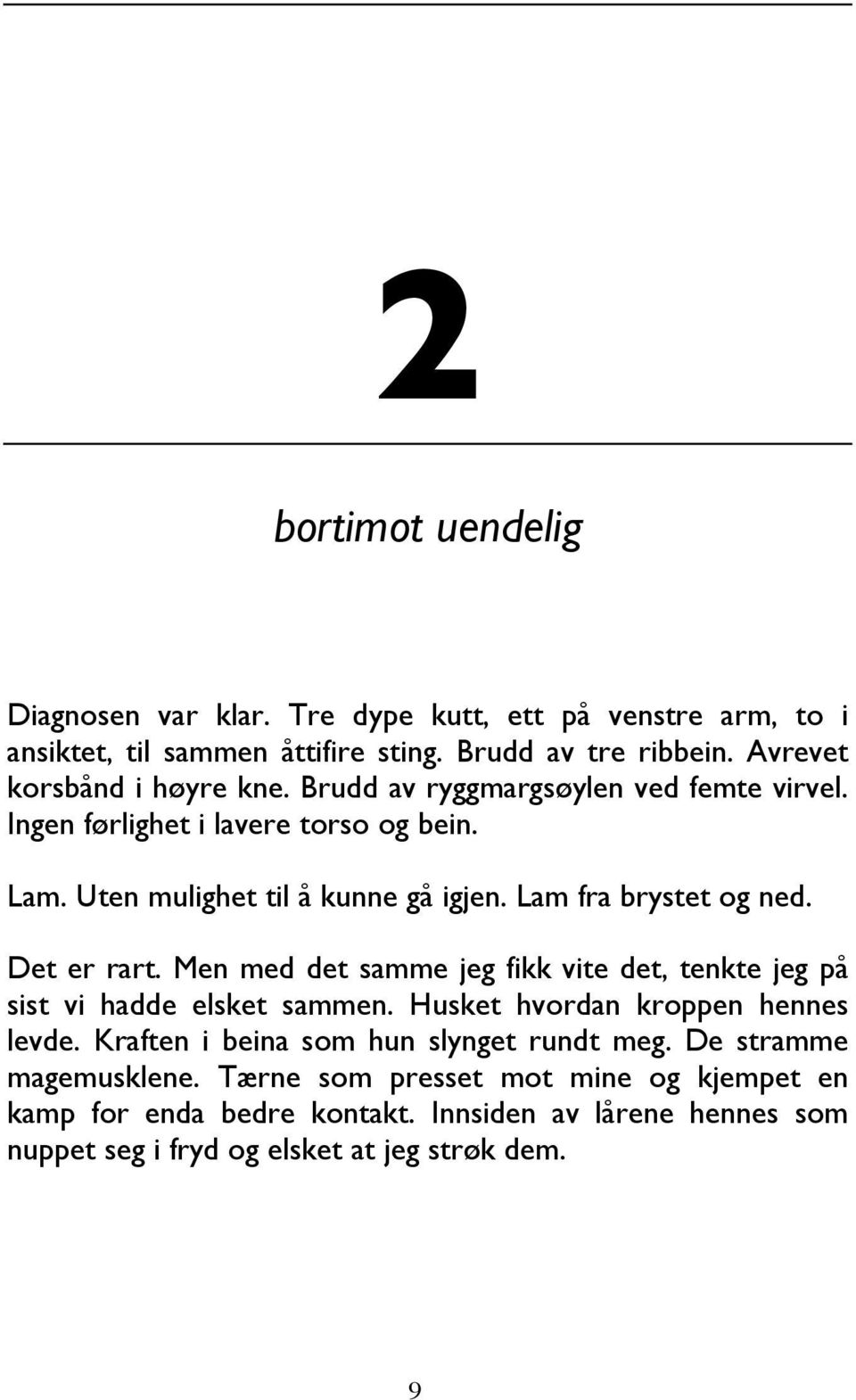 Lam fra brystet og ned. Det er rart. Men med det samme jeg fikk vite det, tenkte jeg på sist vi hadde elsket sammen. Husket hvordan kroppen hennes levde.