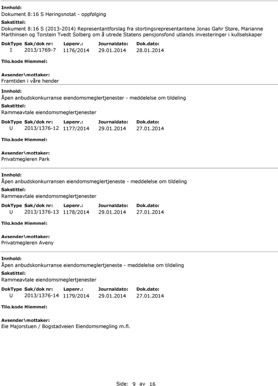 eiendomsmeglertjenester 2013/1376-12 1177/2014 27.01.2014 Privatmegleren Park Åpen anbudskonkurransen eiendomsmeglertjeneste - meddelelse om tildeling Rammeavtale eiendomsmeglertjenester 2013/1376-13 1178/2014 27.