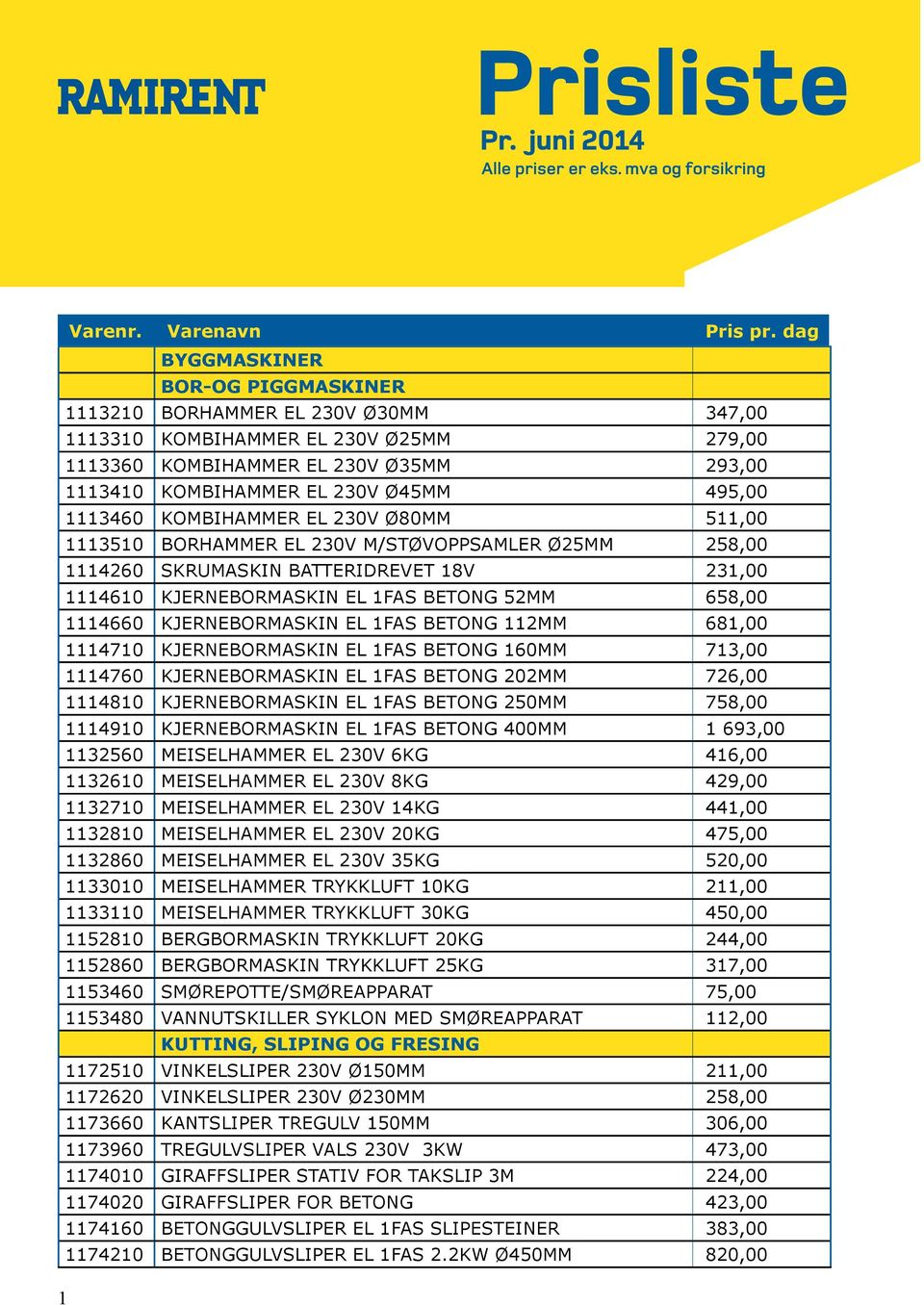 dag BYGGMASKINER BOR-OG PIGGMASKINER 1113210 BORHAMMER EL 230V Ø30MM 347,00 1113310 KOMBIHAMMER EL 230V Ø25MM 279,00 1113360 KOMBIHAMMER EL 230V Ø35MM 293,00 1113410 KOMBIHAMMER EL 230V Ø45MM 495,00