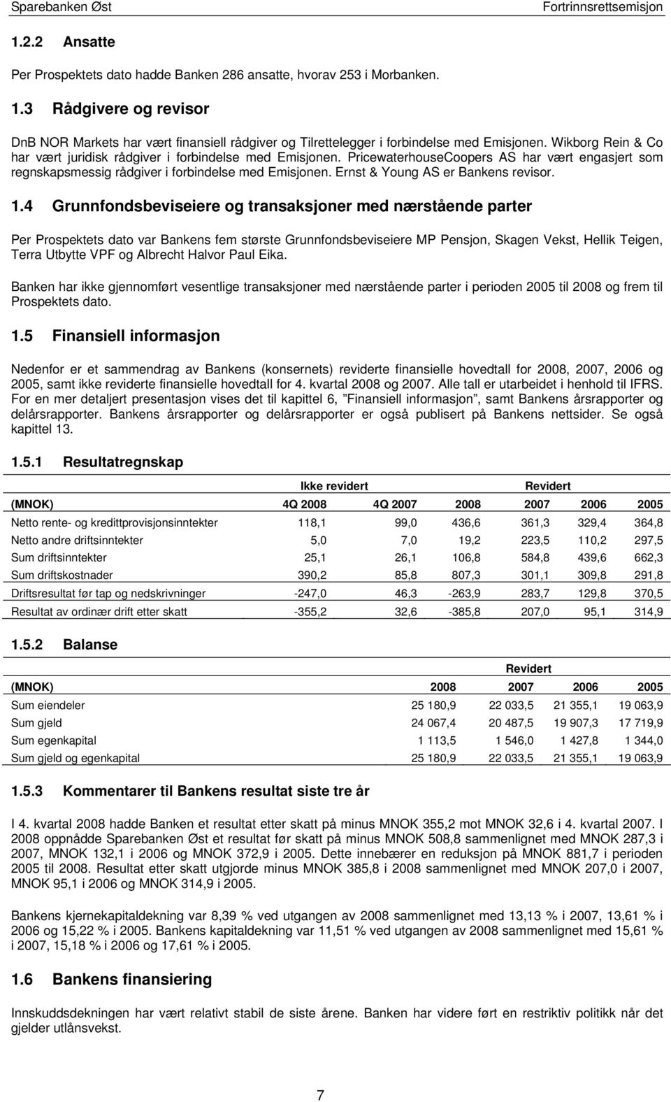 PricewaterhouseCoopers AS har vært engasjert som regnskapsmessig rådgiver i forbindelse med Emisjonen. Ernst & Young AS er Bankens revisor. 1.