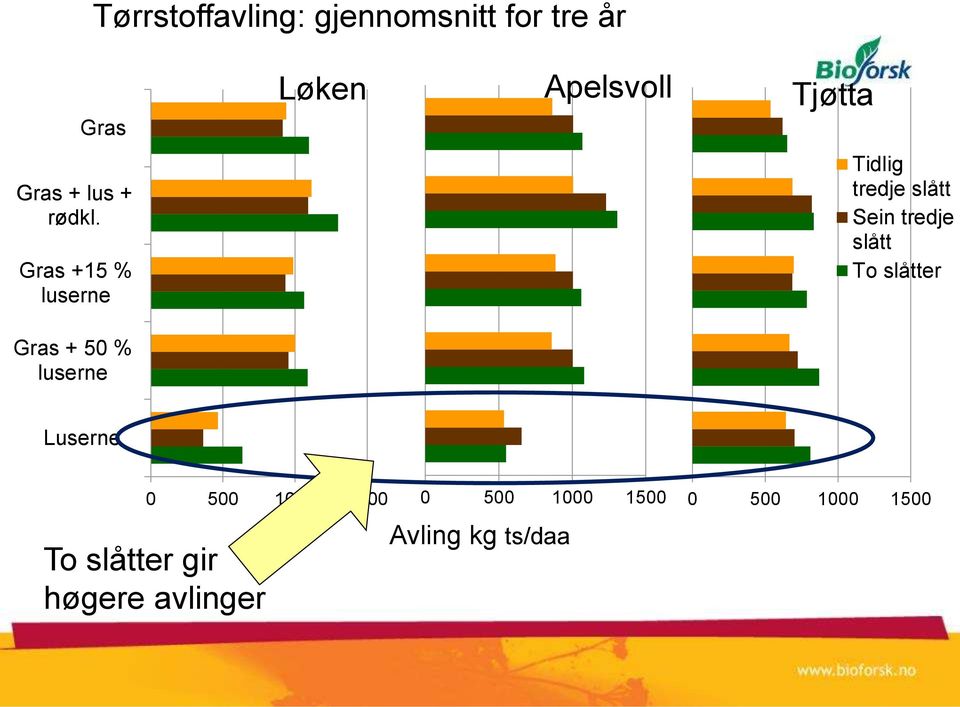 tredje slått To slåtter Gras + 50 % luserne Luserne 0 500 1000 1500