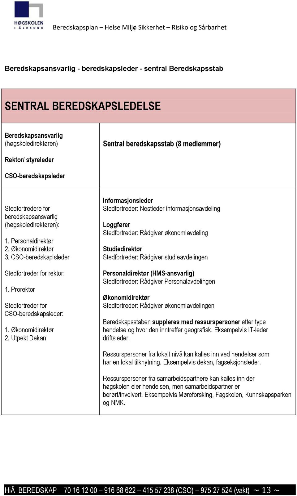 Prorektor Stedfortreder for CSO-beredskapsleder: 1. Økonomidirektør 2.