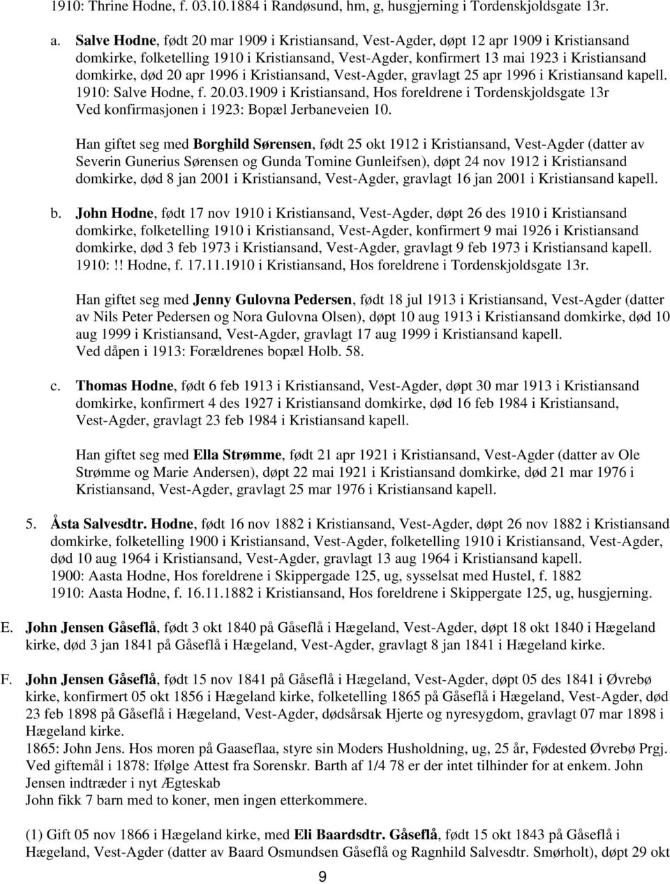 20 apr 1996 i Kristiansand, Vest-Agder, gravlagt 25 apr 1996 i Kristiansand kapell. 1910: Salve Hodne, f. 20.03.