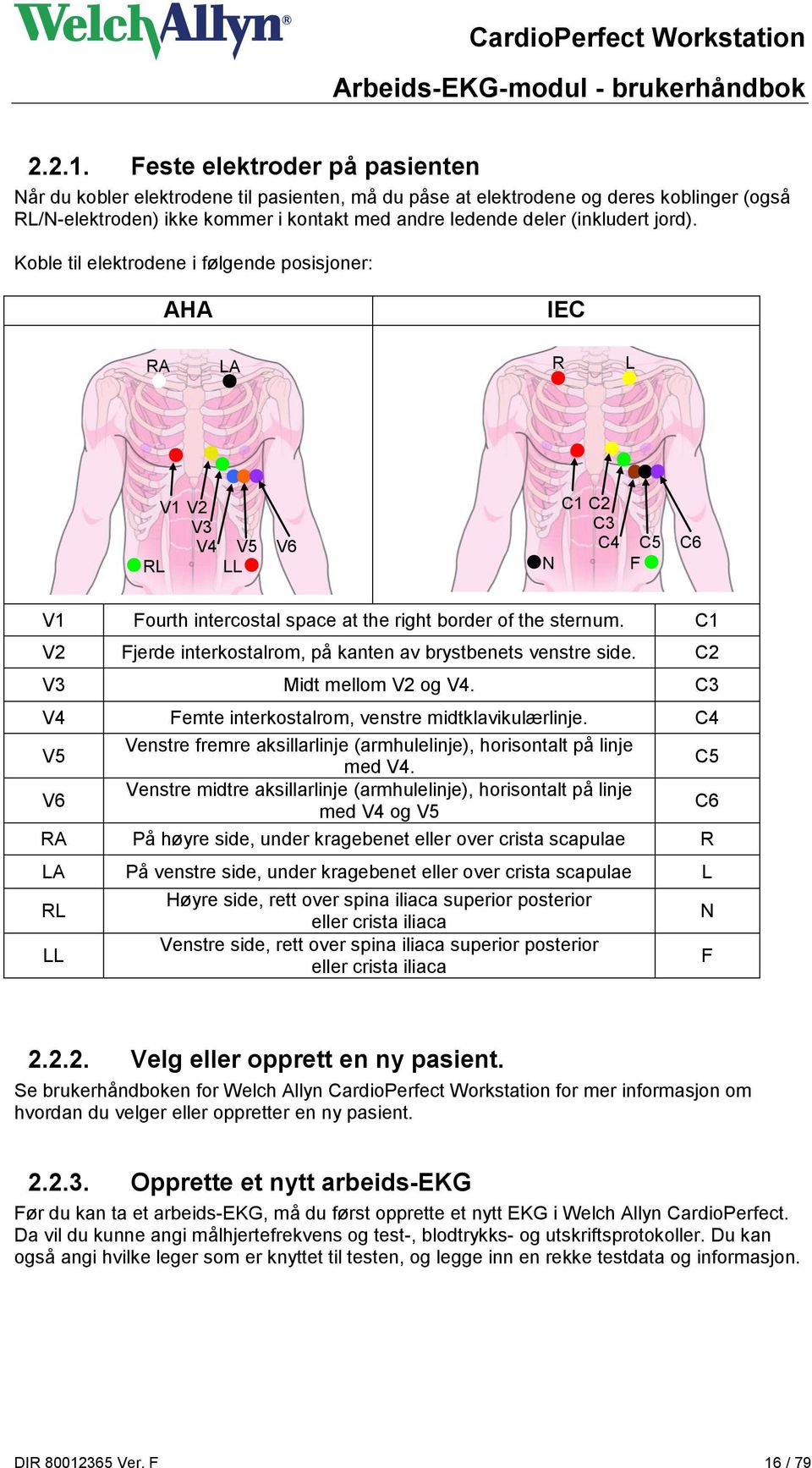 jord). Koble til elektrodene i følgende posisjoner: AHA IEC RA LA R L V1 V2 C1 C2 V3 C3 V4 V5 V6 C4 C5 C6 RL LL N F V1 Fourth intercostal space at the right border of the sternum.