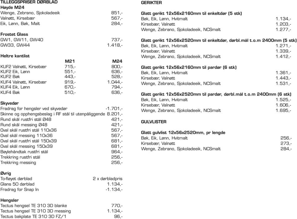 044,- KUF4 Eik, Lønn 670,- 794,- KUF4 Bøk 510,- 636,- Skyvedør Fradrag for hengsler ved skyvedør -1.701,- Skinne og opphengsbeslag i RF stål til utenpåliggende 8.