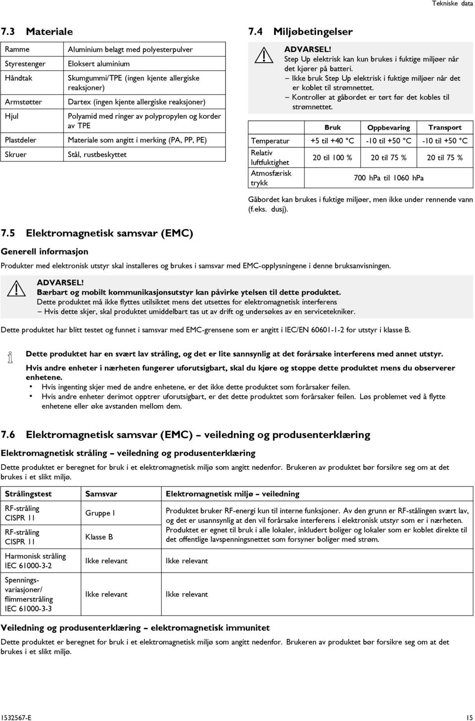 kjente allergiske reaksjoner) Polyamid med ringer av polypropylen og korder av TPE Materiale som angitt i merking (P, PP, PE) Stål, rustbeskyttet DVRSEL!