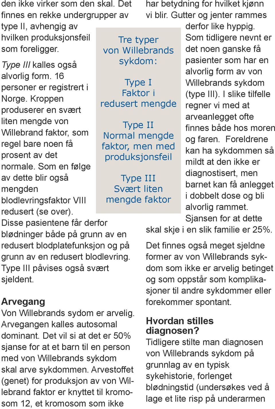 Disse pasientene får derfor blødninger både på grunn av en redusert blodplatefunksjon og på grunn av en redusert blodlevring. Type III påvises også svært sjeldent.