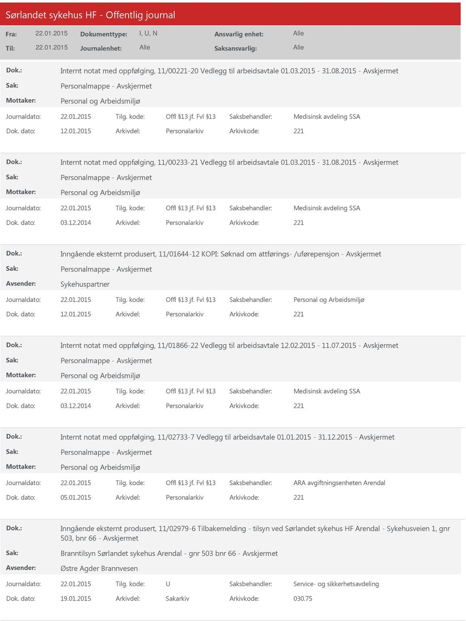 2014 Personalarkiv 221 Inngående eksternt produsert, 11/01644-12 KOPI: Søknad om attførings- /uførepensjon - Personalmappe - Sykehuspartner 12.01.2015 Personalarkiv 221 Internt notat med oppfølging, 11/01866-22 Vedlegg til arbeidsavtale 12.